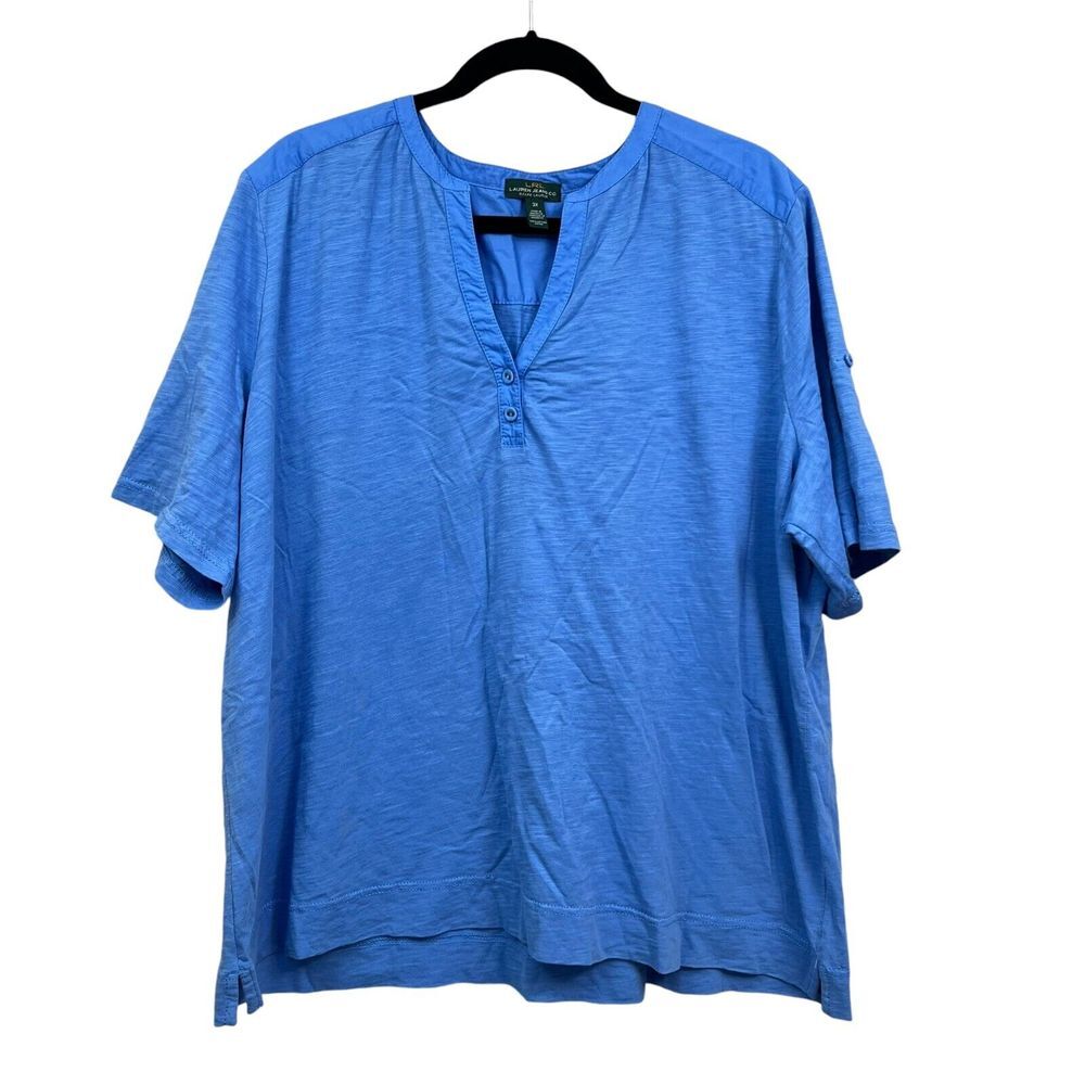 LRL Lauren Jeans Co Womens Blouse Top Stretch V Neck Short Sleeves Blue Size 3X*